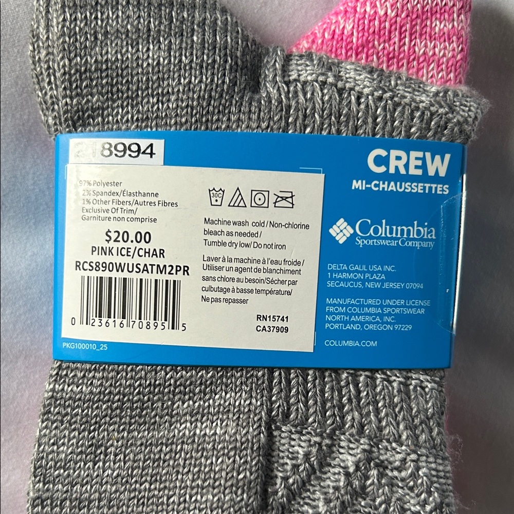 Columbia Pink Ice /Charcoal Gray 2 Pair Super Soft Crew Socks - Picture 11 of 11